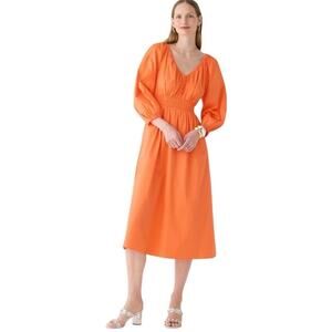 J.Crew V Neck Cotton Poplin Midi Dress Size M Sweet Tangerine Cottage Resortwear